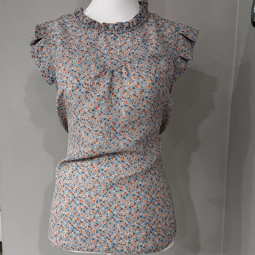 Floral Cap Sleeve Blouse - Blue